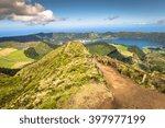 Walking path leading to a view on the lakes of Sete Cidades and Santiago in Sao Miguel, Azores