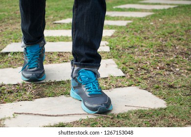 Walking path on a green grass. Stepping stone. - Shutterstock ID 1267153048