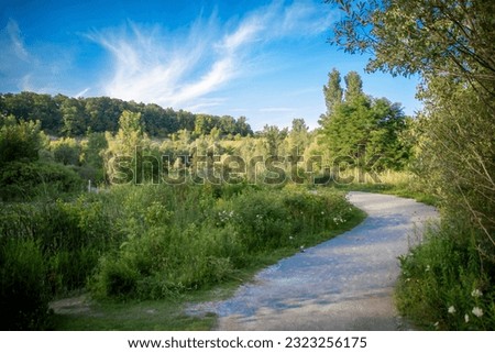 A walking path winds its way through lush green nature in the late afternoon on a bright and sunny summer day at the Don Valley (Evergreen) Brickworks in Toronto (Scarborough), Ontario.