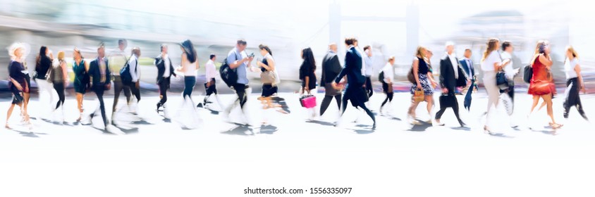 Walking People Blur. Lots Of People Walking In The City Of London. Wide Panoramic View Of People Crossing The Road. 