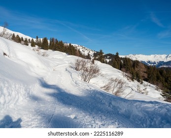 Walking Route In The Woods In Winter In Resort Ladis, Fiss, Serfaus In Ski Resort In Tyrol. Austria January 2018.