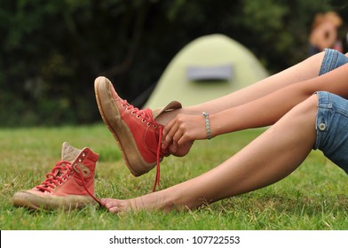 Walking Shoes On - Woman Puts Her Walking Shoes On