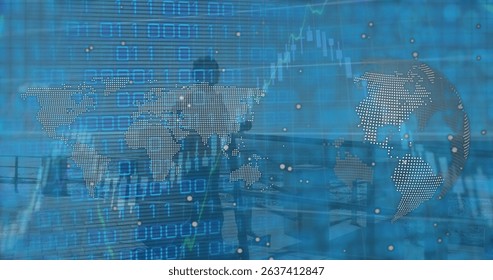 Walking silhouette wearing business attire through office, with digital world map graphics. Professional, technology, modernity, innovation, connectivity, data, analytics