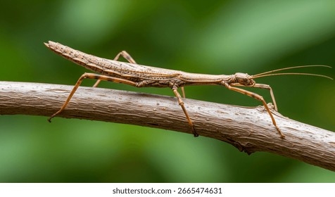 Walking stick insect or Phasmids (Phasmatodea or Phasmatoptera) also known as stick insects, stick-bugs, walking sticks, bug sticks or ghost insect. Selective focus, blurred background with copy space