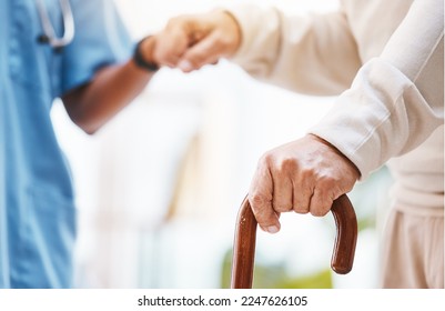 Walking stick, nurse and hands helping patient, support and therapy of disability, parkinson or arthritis. Cane, disabled old man and physiotherapy in nursing home, elderly healthcare or osteoporosis - Powered by Shutterstock