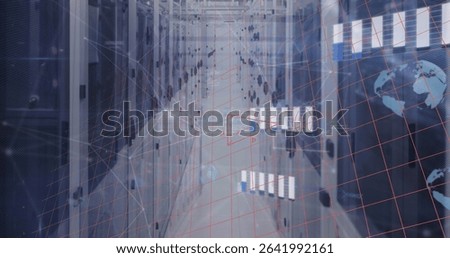 Walking IT technicians inspecting server racks in high-tech corridor, with digital network overlays. Technology, data, cyberspace, infrastructure, digital, connectivity, innovation