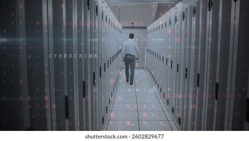 Walking through data center, technician addressing cybercrime and malware threats. Technology, cybersecurity, data protection, network, IT, prevention