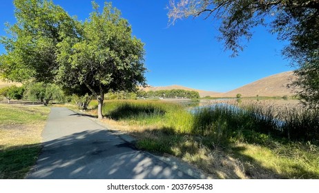 A walking trail along a lake in Northern California