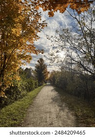 Walking trail in the fall at sunset 