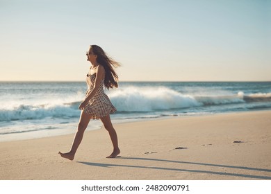 Walking, travel and woman by beach for summer, tropical and island holiday exploring ocean. Nature, waves and female person on sand by sea water on vacation, adventure or weekend trip in Australia. - Powered by Shutterstock