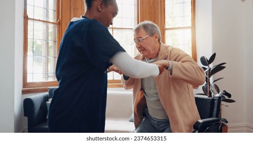 Walking, wheelchair or caregiver lifting an old man for healthcare support or rehabilitation at nursing home. Helping, hope or nurse speaking to senior patient or elderly person with a disability - Powered by Shutterstock