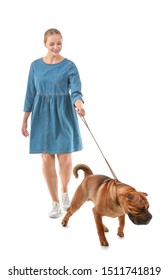 Walking Woman With Cute Dog On White Background