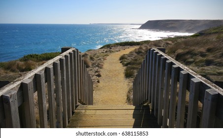 Walking Wooden Footpath Along The Sea Coastline In Australia At Summerlands Area On Motor Race Track Famous Phillip Island 