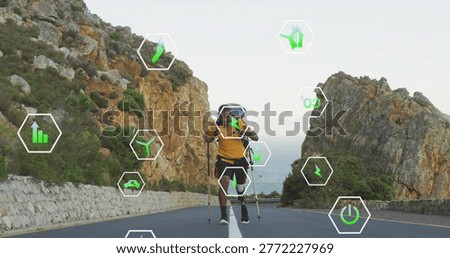 Walking yellow tee backpacker using trekking poles along mountain road centerline with eco icons. Hiker, coastal, cliffs, rugged, landscape, serene, outdoors