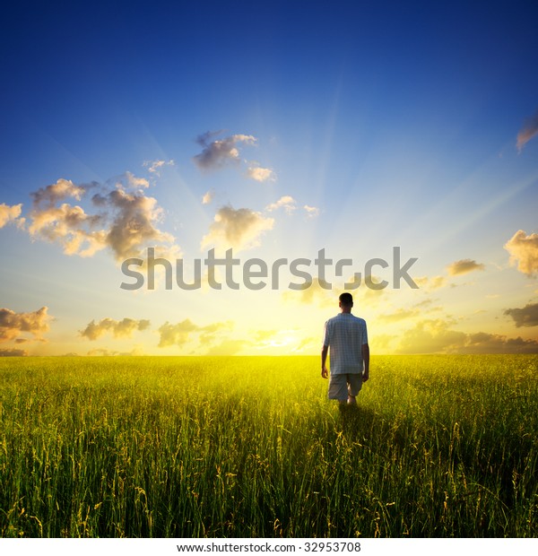 Walking Young Man Over Field Sunset Stock Photo (Edit Now) 32953708