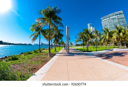 Walkway in a the beautiful park South Pointe in Miami Beach, Florida