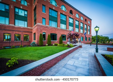 Walkway and brick building in downtown Portsmouth, New Hampshire.