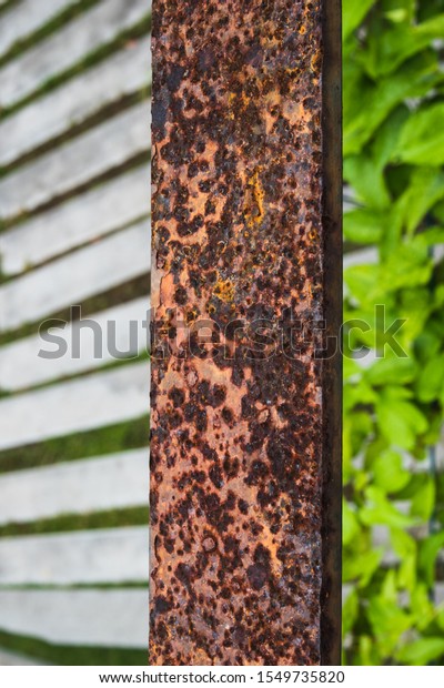\
The walkway in the garden has metal and wood\
partition walls.Old iron when exposed to rain and sunshine ,there\
will be rust covering.