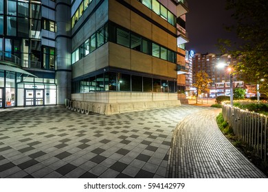 Walkway And The Institute Of Marine And Enviromental Technology At Night, At The Inner Harbor In Baltimore, Maryland.