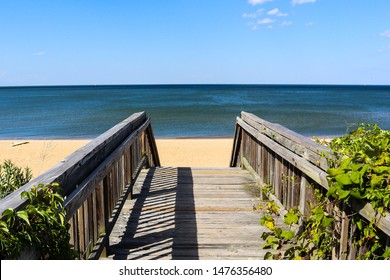 Walkway leading to Ocean View Beach in Norfolk, Virginia with the Chesapeake Bay in the background.