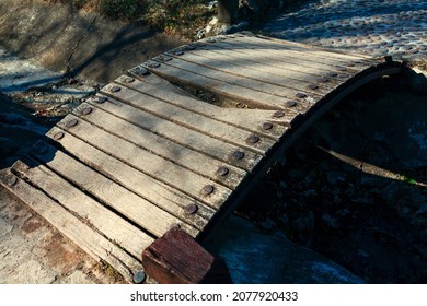 Walkway Old Bridge . Wooden Footbridge With Broken Plank