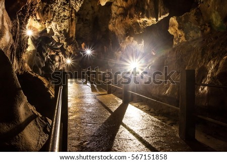 Walkway through a cavern, cave.