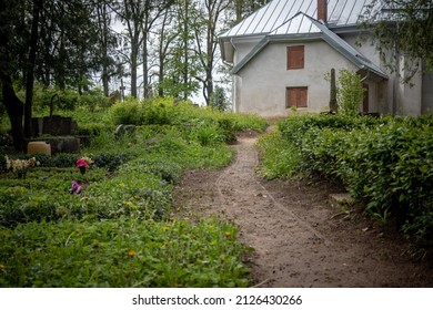 Walkway Through Cemetery To White Church Building In Lielvircava Village, Latvia