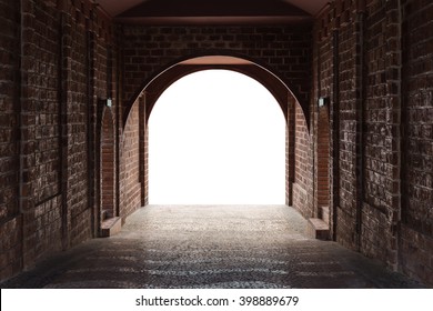 Walkway tunnel made by red brick and middle white isolated space for text or design