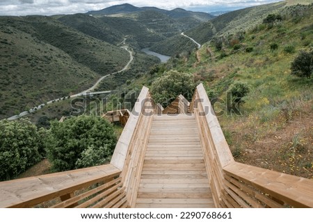 Côa walkways, a wooden structure with a length of 930 meters and 890 steps, with the Douro River in the background in Foz Côa, Portugal
