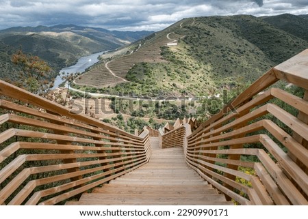Côa walkways, a wooden structure with a length of 930 meters and 890 steps, with the Douro River in the background in Foz Côa, Portugal