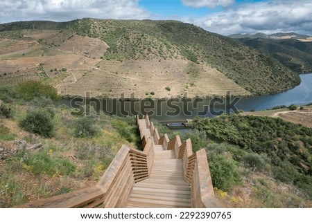 Côa walkways, a wooden structure with a length of 930 meters and 890 steps, with the Douro River in the background in Foz Côa, Portugal on a cloudy day