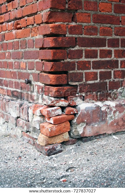 Wall angles crack. The building collapses. Red\
brick building