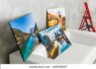 wall art canvas in three parts. Sofa, in room interior. - Shutterstock ID 1349358227