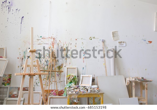Wall in the\
artist\'s studio interior,\
workshop