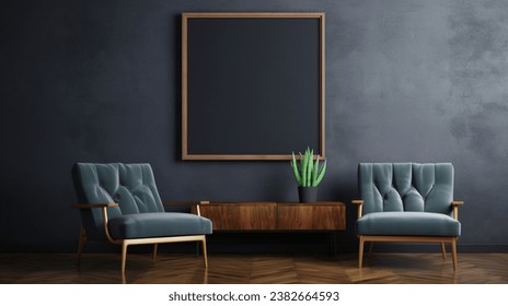 wall background design with empty frame and interior design of chairs and tables