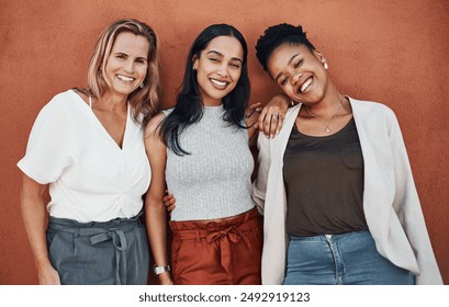 Wall background, happy and portrait of business women in city for teamwork, collaboration and about us. Creative agency, startup and people with confidence, company pride and working together - Powered by Shutterstock