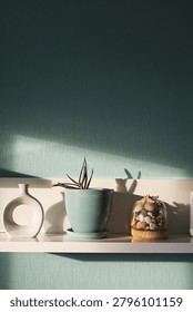 Wall background with shelf featuring succulent in clay pot, minimalist ceramic vase, and glass bowl filled with sea shells. Interior design decor for home staging concept.