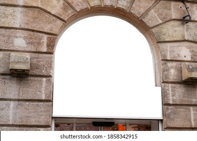 Wall With Blank Round Stone Signage Empty Banner Ready For Business Artwork Sign With Company Name On Facade Store