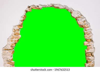 Wall Break Through With Green Screen Background.