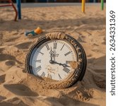 A wall clock buried in sandbox sand at a children