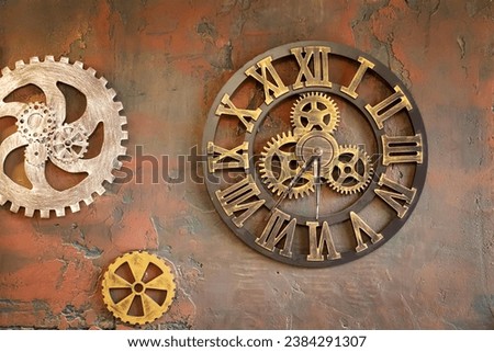 Wall clock with clockwork gears in the form of clock parts