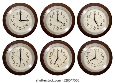 Wall Clock Isolated On The White Background. Multiple Clocks Showing Different Time. Part 2.