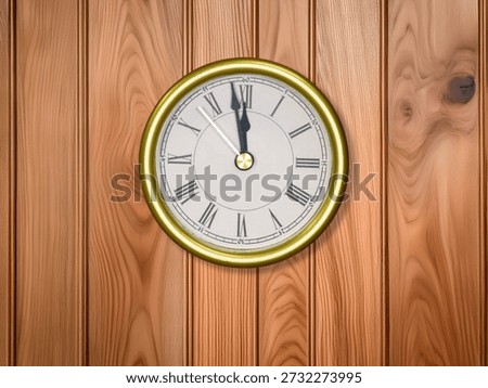 Wall clock on medium oak wall paneling.