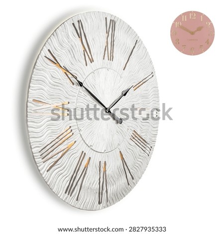 Wall Clock in Shape Twinkle Silver Isolated on White. Front Side View of Silent Quartz Clock Movement. French Country Style Timepiece with Roman Numerals on Metal Frame. Home Decor Classic Timekeeping