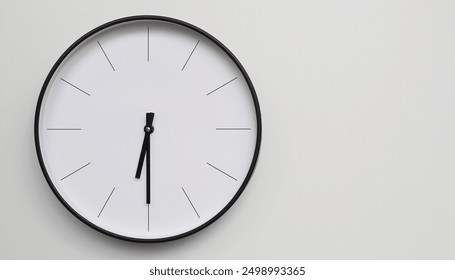 Wall Clock Showing 18.30 or 6.30 O'Clock on White Wooden Surface - Perfect for Time Management and Scheduling Concepts - Powered by Shutterstock