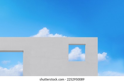 Wall Concrete Texture with open window against clouds and blue sky background, Exterior White paint Cement wall building, Minimal Modern architecture with square frame in Spring or Summer sky - Powered by Shutterstock