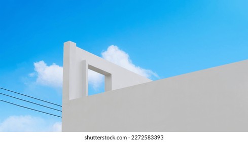 Wall concrete texture with open window against blue sky and clouds, Horizon White paint cement building, Ant view Exterior Modern architecture with open door on roof top in Spring,Summer sky - Powered by Shutterstock