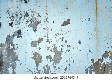 The wall is covered in peeling paint and has a rough texture. The blue color of the wall is faded and has a worn appearance. The wall has a lot of cracks and holes, giving it a sense of decay - Powered by Shutterstock