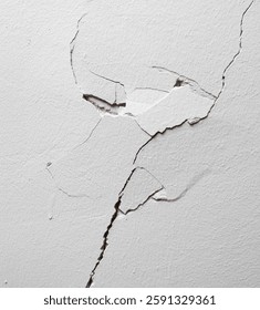 A wall with a crack in it. The crack is large and deep. The wall is white