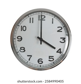 Wall hanging analog clock with white face and black number in classic vintage design which clock arm at 4 o'clock. Background isolated cutout in white background.
